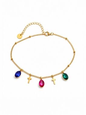 Gold Chain Anklet with Blue, Pink and Green Gem Charms